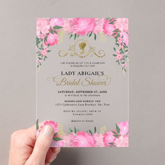 エレガント赤面ピンクフローラビクトリアンブライダルシャワー アクリル招待状 (インサイチュ (ポータブル))