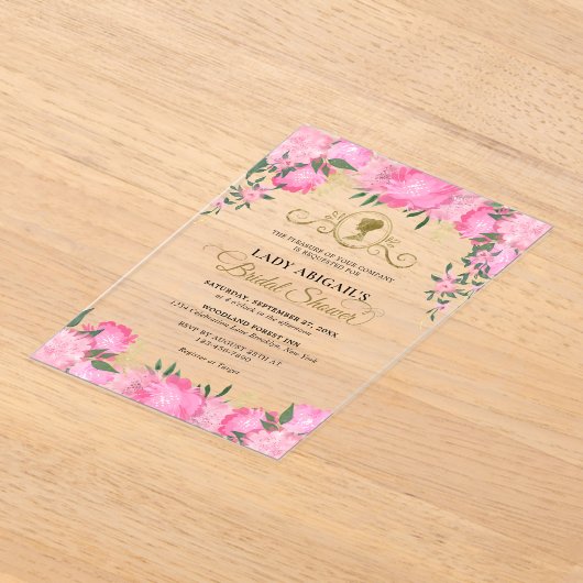 エレガント赤面ピンクフローラビクトリアンブライダルシャワー アクリル招待状 (レイダウン)