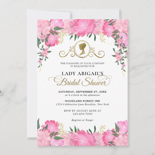 エレガント赤面ピンクフローラビクトリアンブライダルシャワー 招待状 (正面)