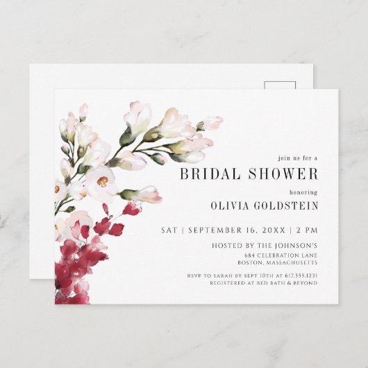 エレガント赤面ピンクフローラブライダルシャワー インビテーションポストカード (正面/裏面)