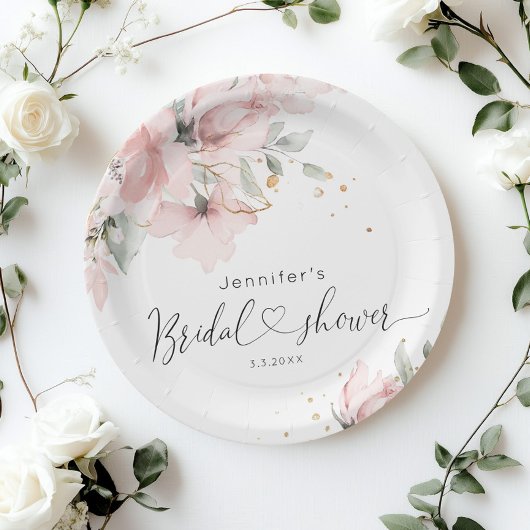 エレガント赤面ピンクフローラブライダルシャワー ペーパープレート