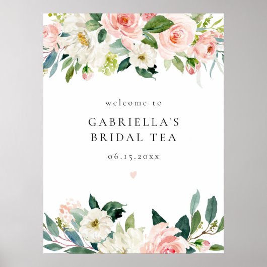 エレガント赤面ピンクフローラブライダルティーウェルカム ポスター (正面)