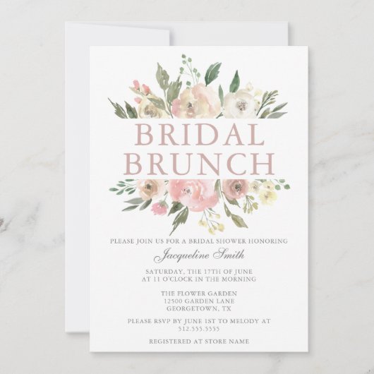 エレガント赤面ピンクフローラブライダルブランチシャワー 招待状 (正面)