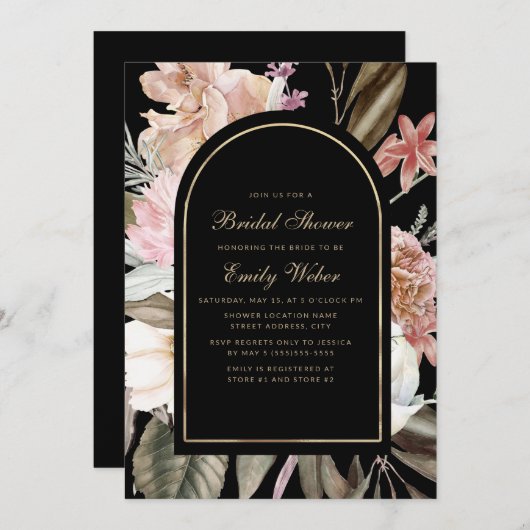 エレガント赤面ピンクフローラブラックブライダルシャワー 招待状 (正面/裏面)