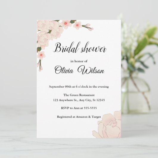 エレガント赤面ピンクフローラブロッサムブライダルシャワー 招待状 (スタンド正面)
