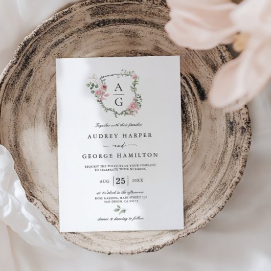 エレガント赤面ピンクフローラモノグラム結婚クレスト 招待状