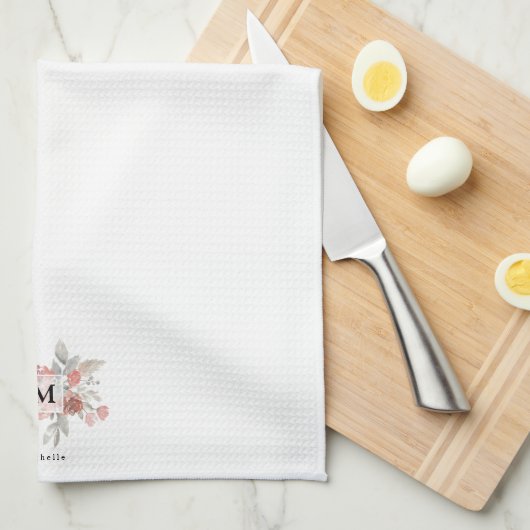 エレガント赤面ピンクフローラモノグラム キッチンタオル (四つ折り)