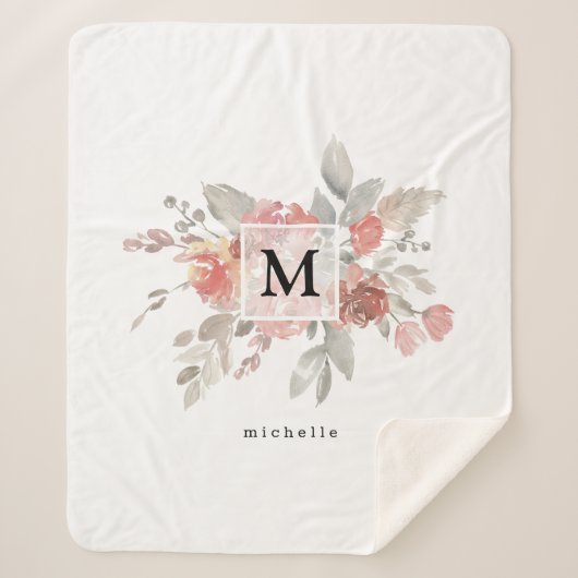 エレガント赤面ピンクフローラモノグラム シェルパブランケット (正面)