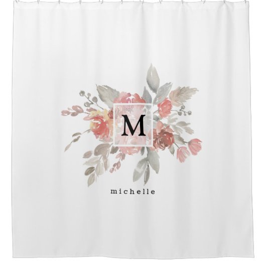 エレガント赤面ピンクフローラモノグラム シャワーカーテン (正面)