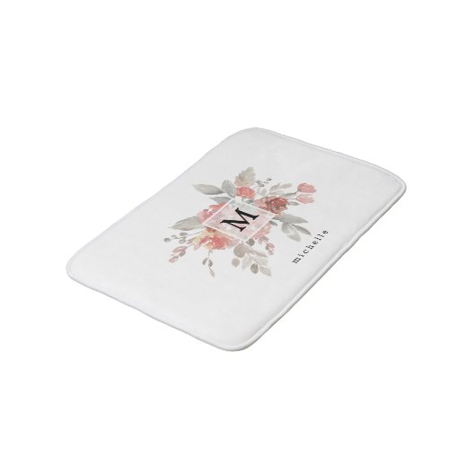 エレガント赤面ピンクフローラモノグラム バスマット (アングル)