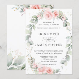 エレガント赤面ピンクフローラリースリーフ結婚ズ 招待状