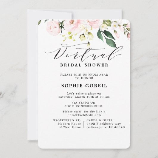 エレガント赤面ピンクフローラ仮想ブライダルシャワー 招待状 (正面)