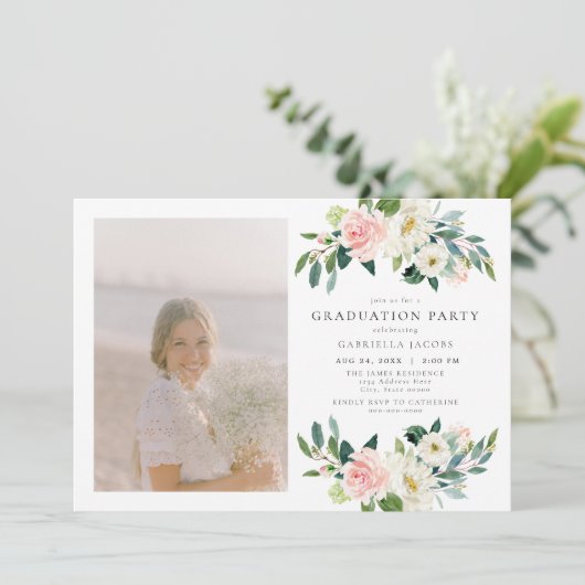 エレガント赤面ピンクフローラ写真卒業パーティー 招待状 (スタンド正面)