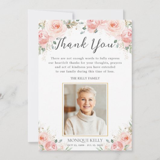 エレガント赤面ピンクフローラ写真葬儀記念館 サンキューカード (正面)