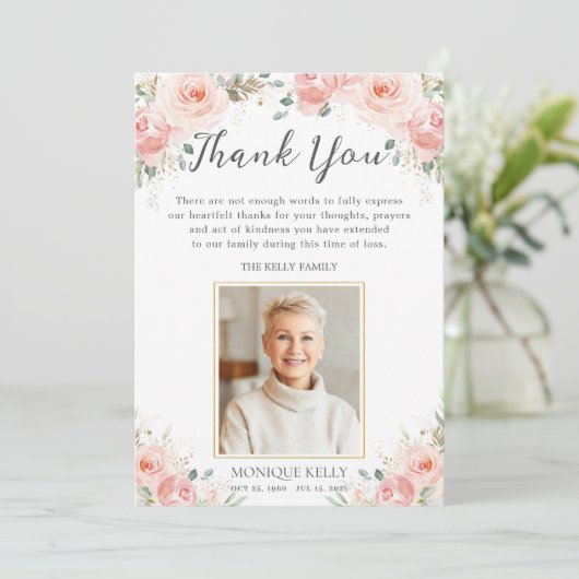 エレガント赤面ピンクフローラ写真葬儀記念館 サンキューカード (スタンド正面)