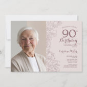 エレガント赤面ピンクフローラ写真90誕生日 招待状 (正面)