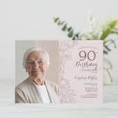 エレガント赤面ピンクフローラ写真90誕生日 招待状 (スタンド正面)