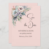 エレガント赤面ピンクフローラ日付を保存結婚する 招待状 (正面/裏面)