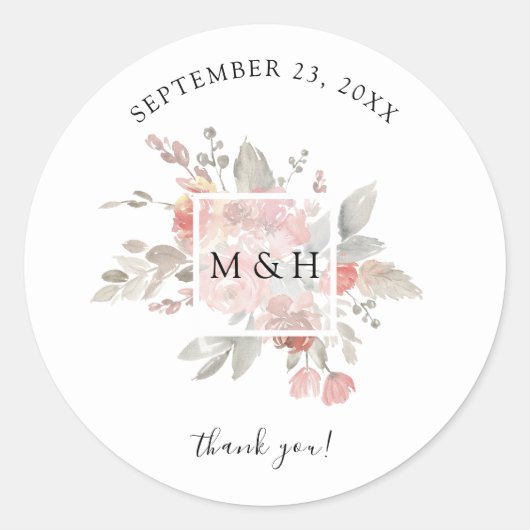 エレガント赤面ピンクフローラ水彩ありがとう ラウンドシール (正面)