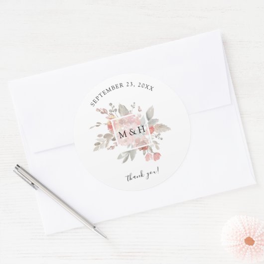 エレガント赤面ピンクフローラ水彩ありがとう ラウンドシール (封筒)