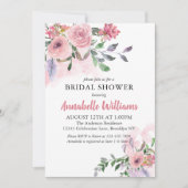 エレガント赤面ピンクフローラ水彩ブライダルシャワー 招待状 (正面)