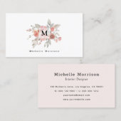 エレガント赤面ピンクフローラ水彩モノグラム 名刺 (正面/裏面)