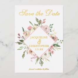 エレガント赤面ピンクフローラ牡丹の日付金ゴールドの保存 箔招待状