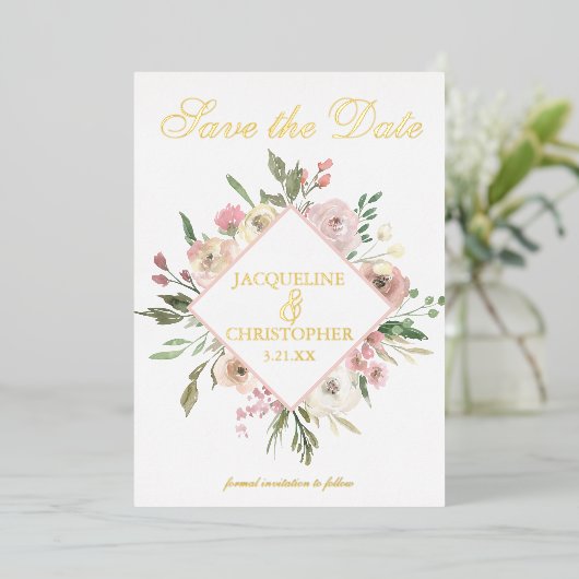 エレガント赤面ピンクフローラ牡丹の日付金ゴールドの保存 箔招待状 (立ち正面)