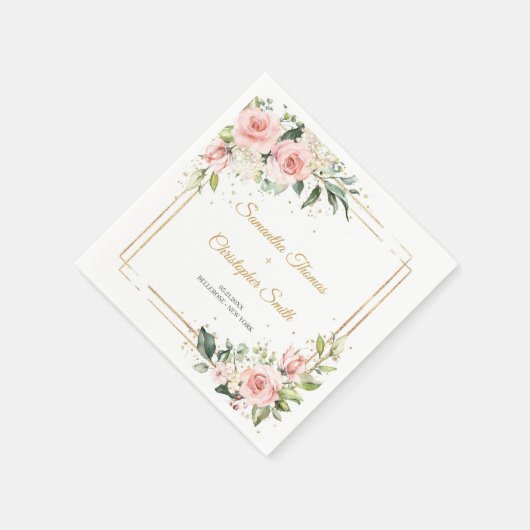 エレガント赤面ピンクフローラ結婚バラ スタンダードカクテルナプキン (角)