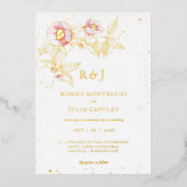 エレガント赤面ピンクフローラ結婚フォイル招待状 箔招待状 (正面)