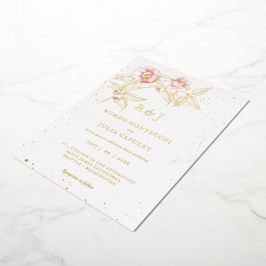 エレガント赤面ピンクフローラ結婚フォイル招待状 箔招待状 (回転した状態)