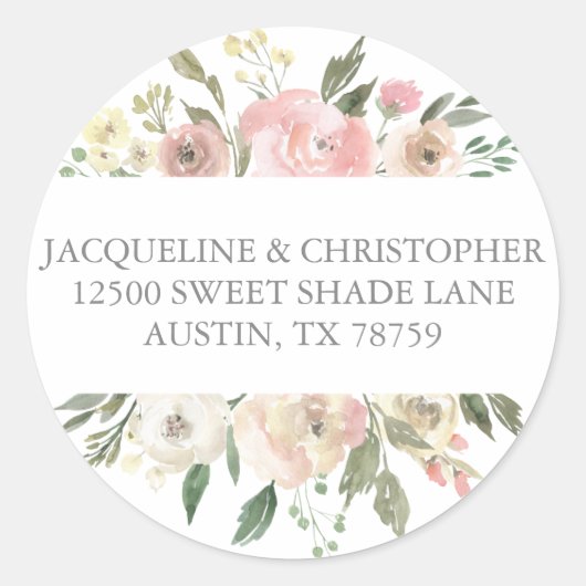 エレガント赤面ピンクフローラ結婚差出人住所 ラウンドシール (正面)