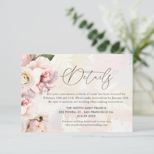 エレガント赤面ピンクフローラ結婚詳細 エンクロージャーカード (スタンド正面)