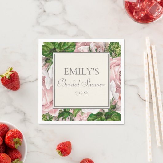 エレガント赤面ピンクフローラ緑ブライダルシャワー スタンダードカクテルナプキン (インサイチュ)