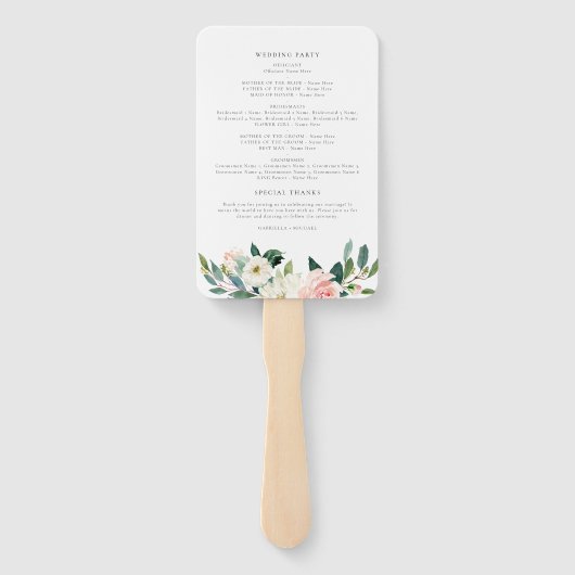 エレガント赤面ピンクフローラ緑結婚式 プログラム ハンドファン (裏面)