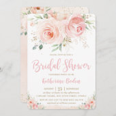 エレガント赤面ピンクフローラ金ゴールドガールブライダルシャワー 招待状 (正面/裏面)
