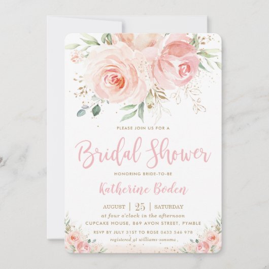 エレガント赤面ピンクフローラ金ゴールドガールブライダルシャワー 招待状 (正面)