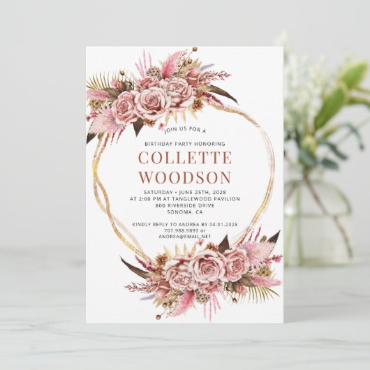 エレガント赤面ピンクフローラ金ゴールドグリッター誕生日 招待状 (スタンド正面)