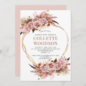 エレガント赤面ピンクフローラ金ゴールドグリッター誕生日 招待状 (正面/裏面)
