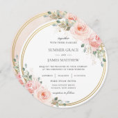 エレガント赤面ピンクフローラ金ゴールドサ結婚ークル 招待状 (正面/裏面)