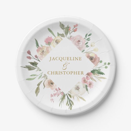エレガント赤面ピンクフローラ金ゴールドスクリ結婚プト ペーパープレート (正面)