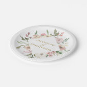 エレガント赤面ピンクフローラ金ゴールドスクリ結婚プト ペーパープレート (アングル)