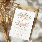 エレガント赤面ピンクフローラ金ゴールドスクリ結婚プト 招待状