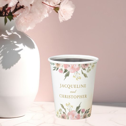 エレガント赤面ピンクフローラ金ゴールドスクリ結婚プト 紙コップ