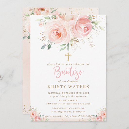 エレガント赤面ピンクフローラ金ゴールドバウティソスペインの 招待状 (正面/裏面)