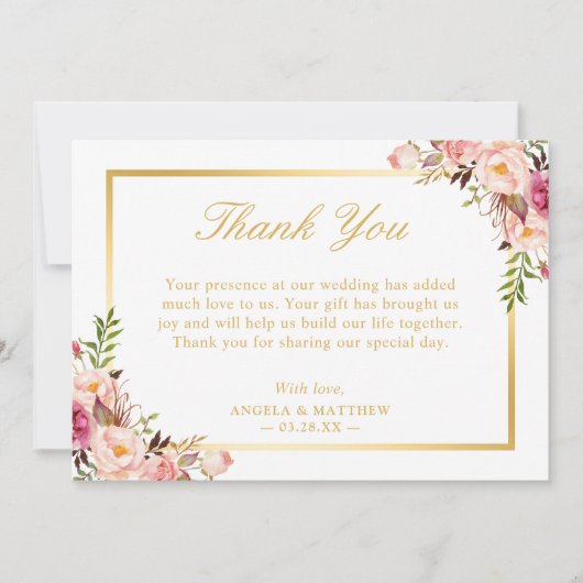 エレガント赤面ピンクフローラ金ゴールドフレームありがとう サンキューカード (正面)