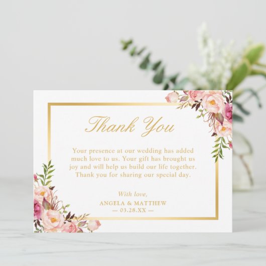 エレガント赤面ピンクフローラ金ゴールドフレームありがとう サンキューカード (スタンド正面)