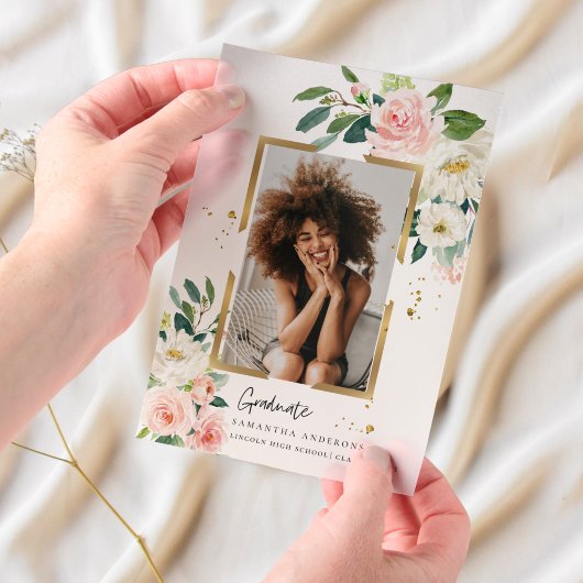 エレガント赤面ピンクフローラ金ゴールドフレーム ベラム紙招待状