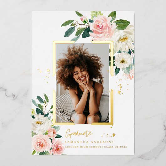 エレガント赤面ピンクフローラ金ゴールドフレ実在ーム箔 箔招待状 (正面)