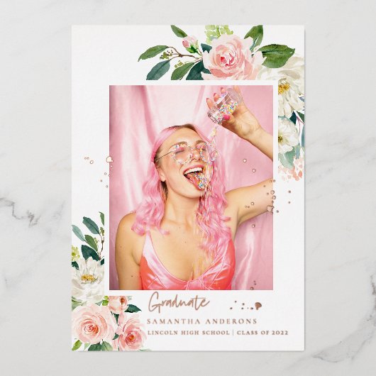 エレガント赤面ピンクフローラ金ゴールドフレ実在ーム箔 箔招待状 (正面)